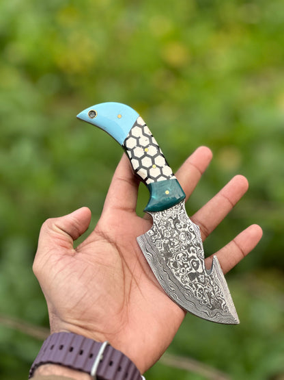 Custom Handmade Damascus Steel Guthook Skinning Knife – Resin Handle 7.5” with Leather Sheath