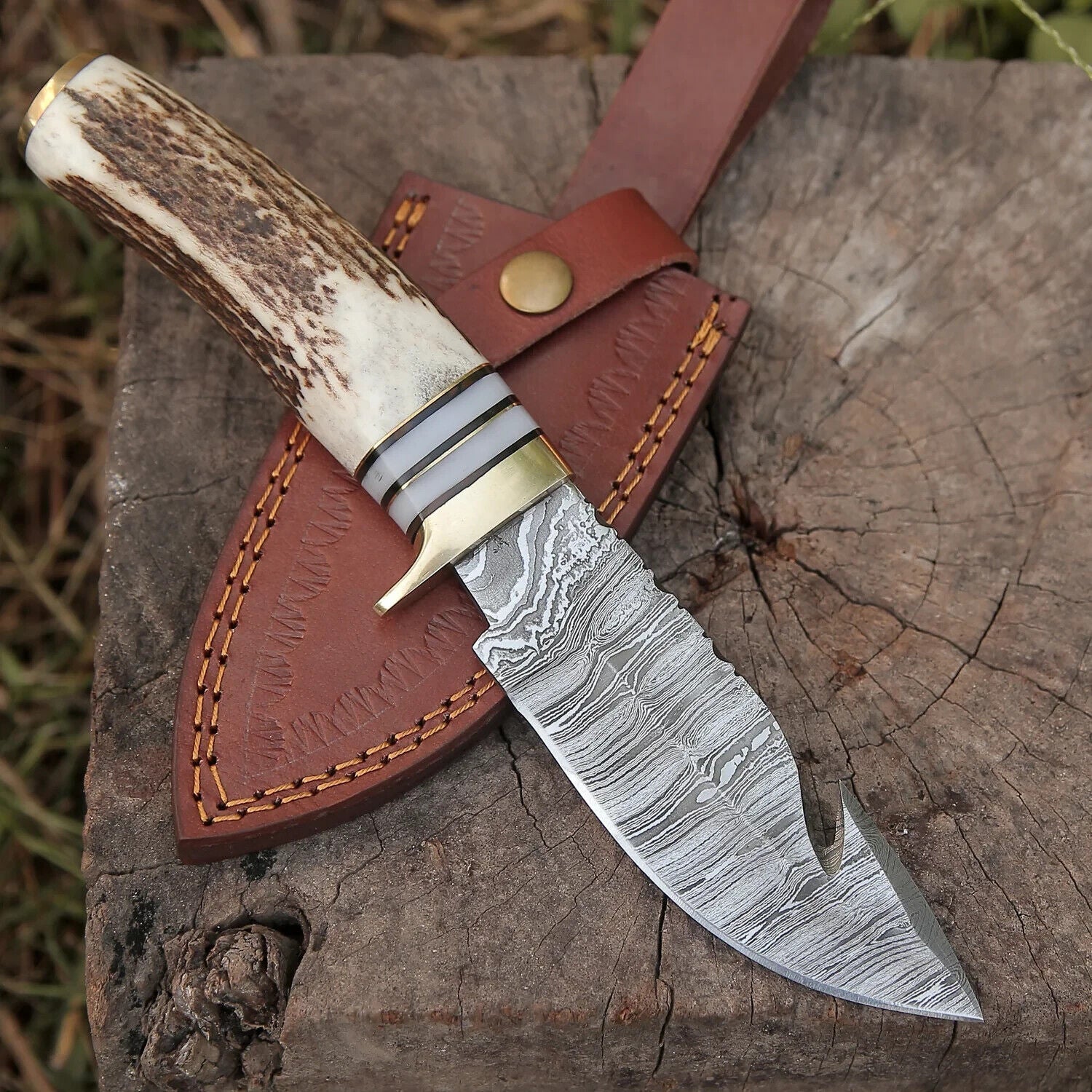 Custom Handmade Damascus Steel Guthook Skinning Knife – 9" Stag Horn Handle with Brass Guard & Leather Sheath