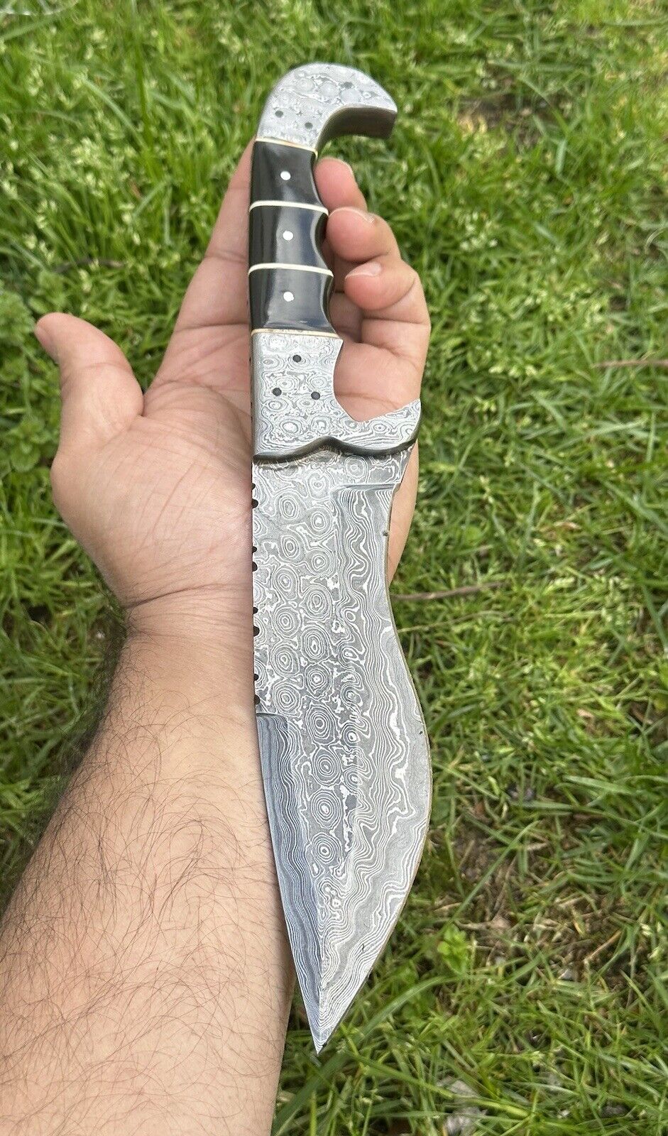 Custom Handmade 12" Damascus Steel Hunting Knife with Buffalo Horn Handle & Damascus Steel Bolster - Includes Leather Sheath