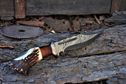 Custom Handmade 13" Damascus Bowie Knife – Stag Crown & Rosewood Handle with Leather Sheath