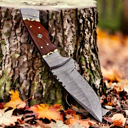 Small Bushcraft Knife – 9" Damascus Steel Blade with Rosewood Handle & Leather Sheath