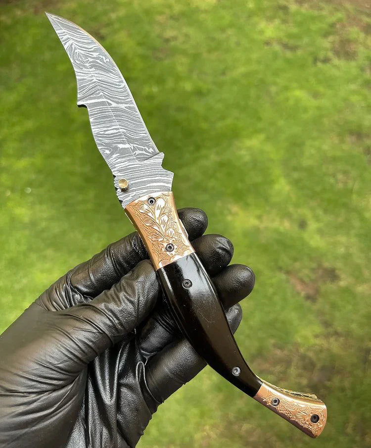 Custom Handmade Damascus Blade EDC Folding Pocket Knife with Color Bone Handle & Brass Engraved Bolster - Includes Leather Sheath
