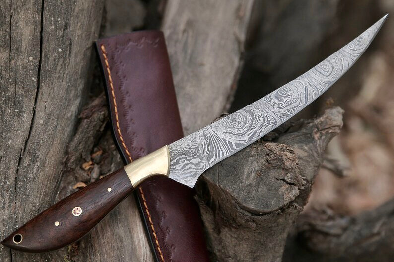 Damascus Fillet Knife – 13" Rosewood Handle & Leather Sheath