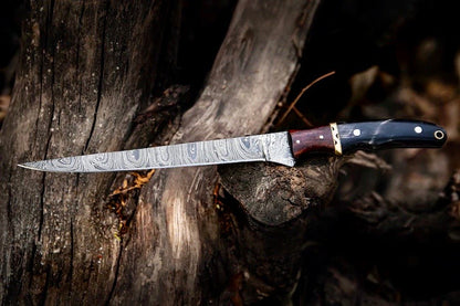 Handmade Damascus Fillet Knife 13” – Buffalo Horn, Rosewood & Brass Handle with Leather Sheath