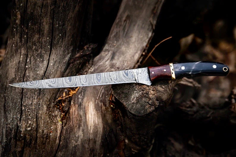 Handmade Damascus Fillet Knife 13” – Buffalo Horn, Rosewood & Brass Handle with Leather Sheath