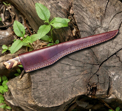 Handmade Damascus Fillet Knife 8” – Rosewood & Olive Wood Handle with Leather Sheath