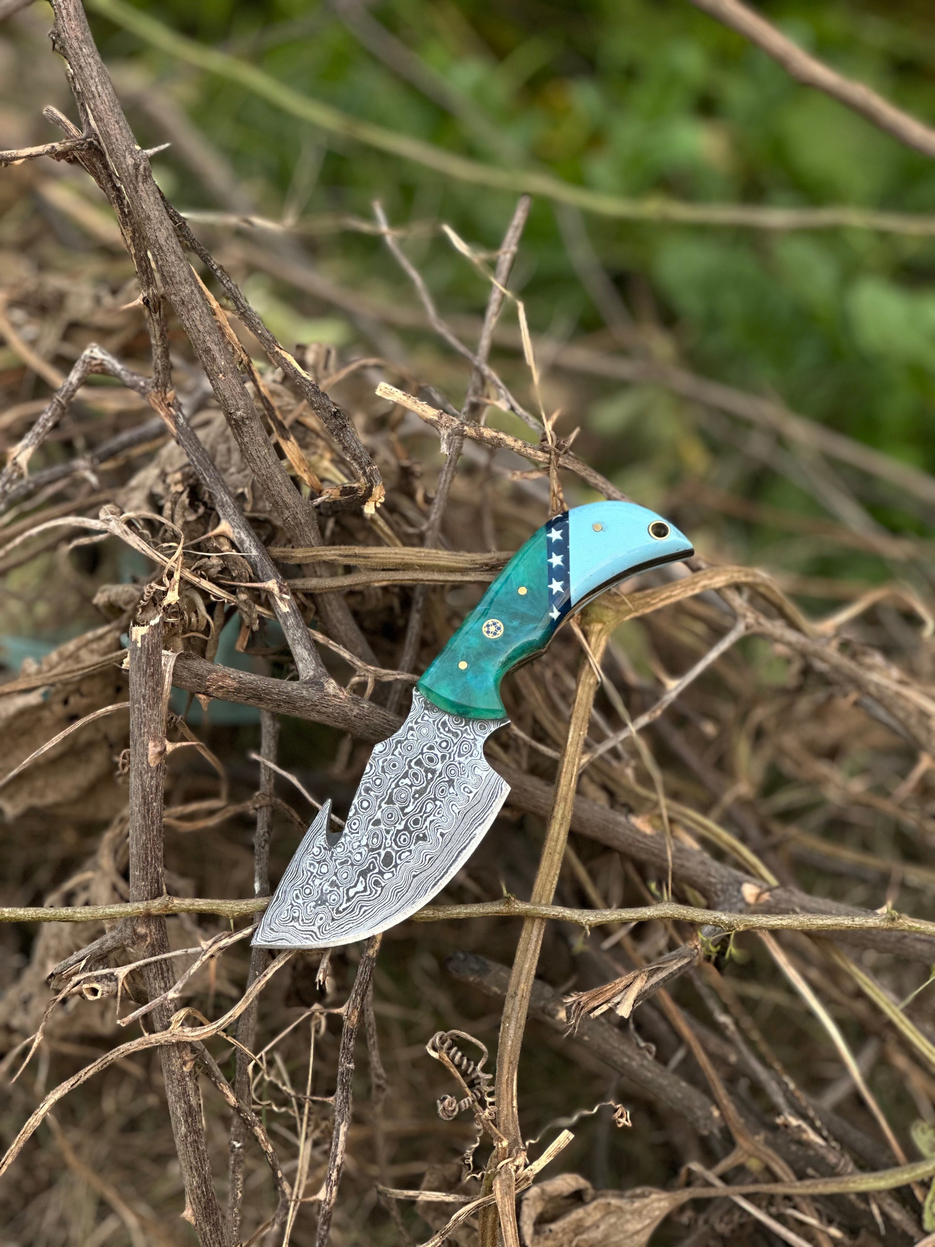 Elite Custom Handmade Damascus Steel Guthook Skinning Knife with Resin Handle - 7.5” Premium Blade with Leather Sheath