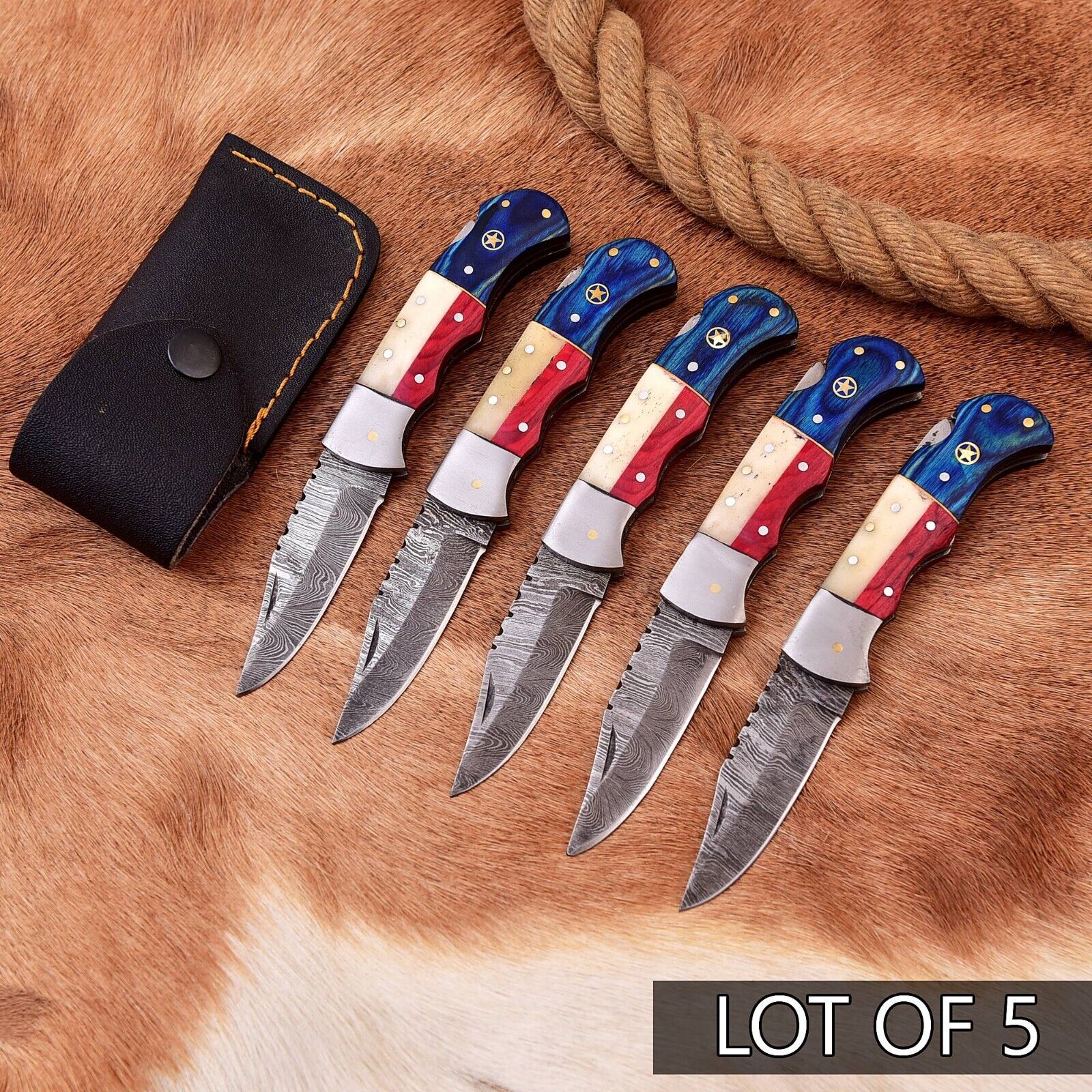 Exclusive Texas Flag Damascus Steel Pocket Knife – 3" Blade with Leather Sheath | Perfect Gift for Collectors