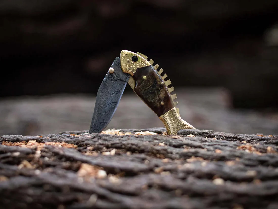 Custom Handmade Fish Style Damascus Steel Folding Knife with Sheep Horn & Brass Handle - Includes Leather Sheath