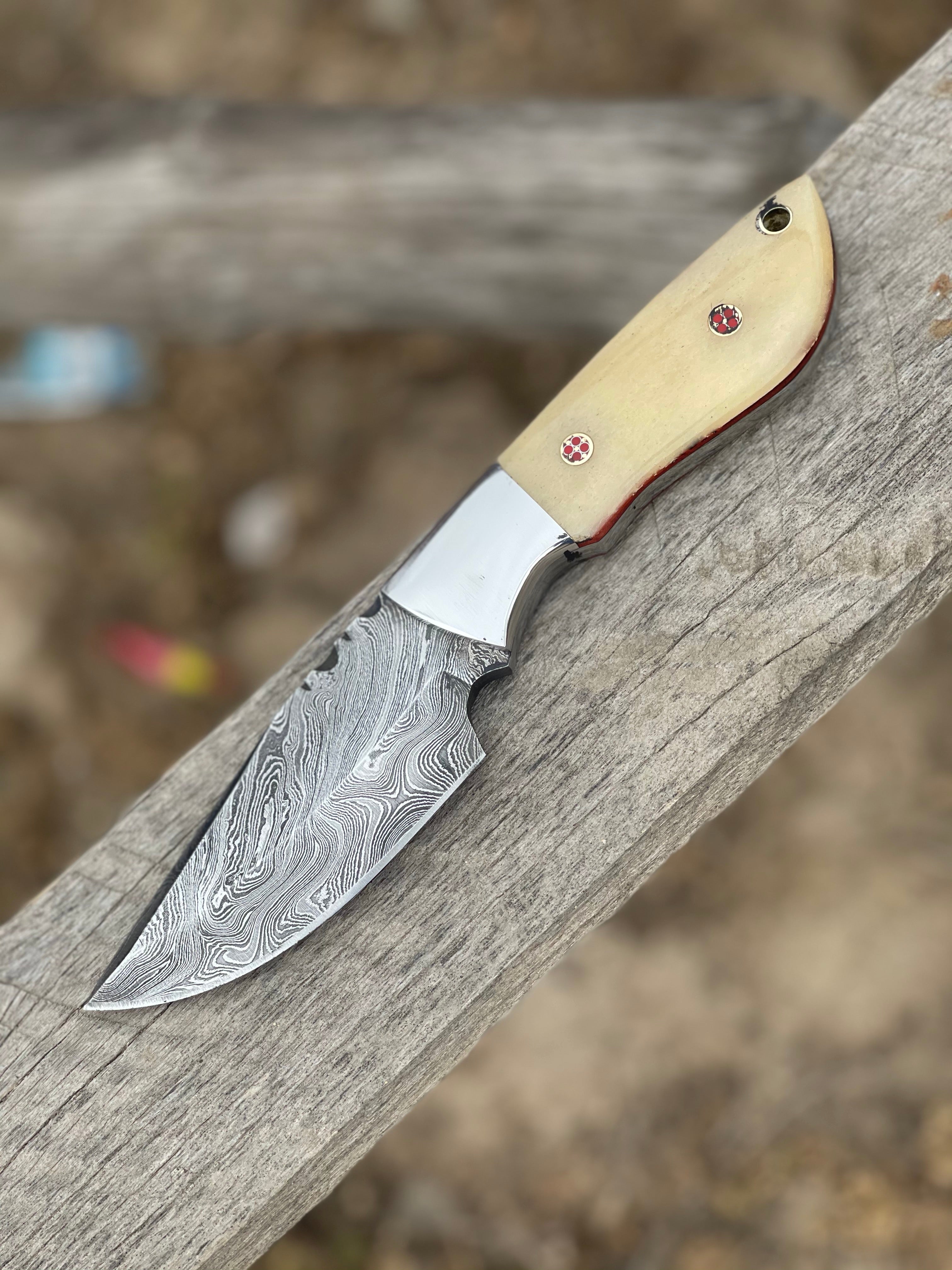 Skinning Knives – 9" Damascus Steel Blade with Camel Bone Handle, Steel Bolster & Leather Sheath