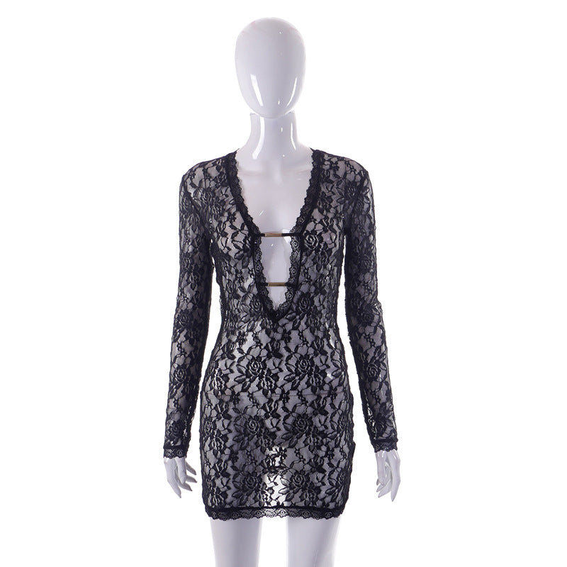 Spring Summer New Women Lace Spliced Sleepwear Sexy Perspective Dress