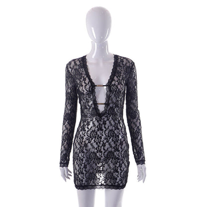 Spring Summer New Women Lace Spliced Sleepwear Sexy Perspective Dress