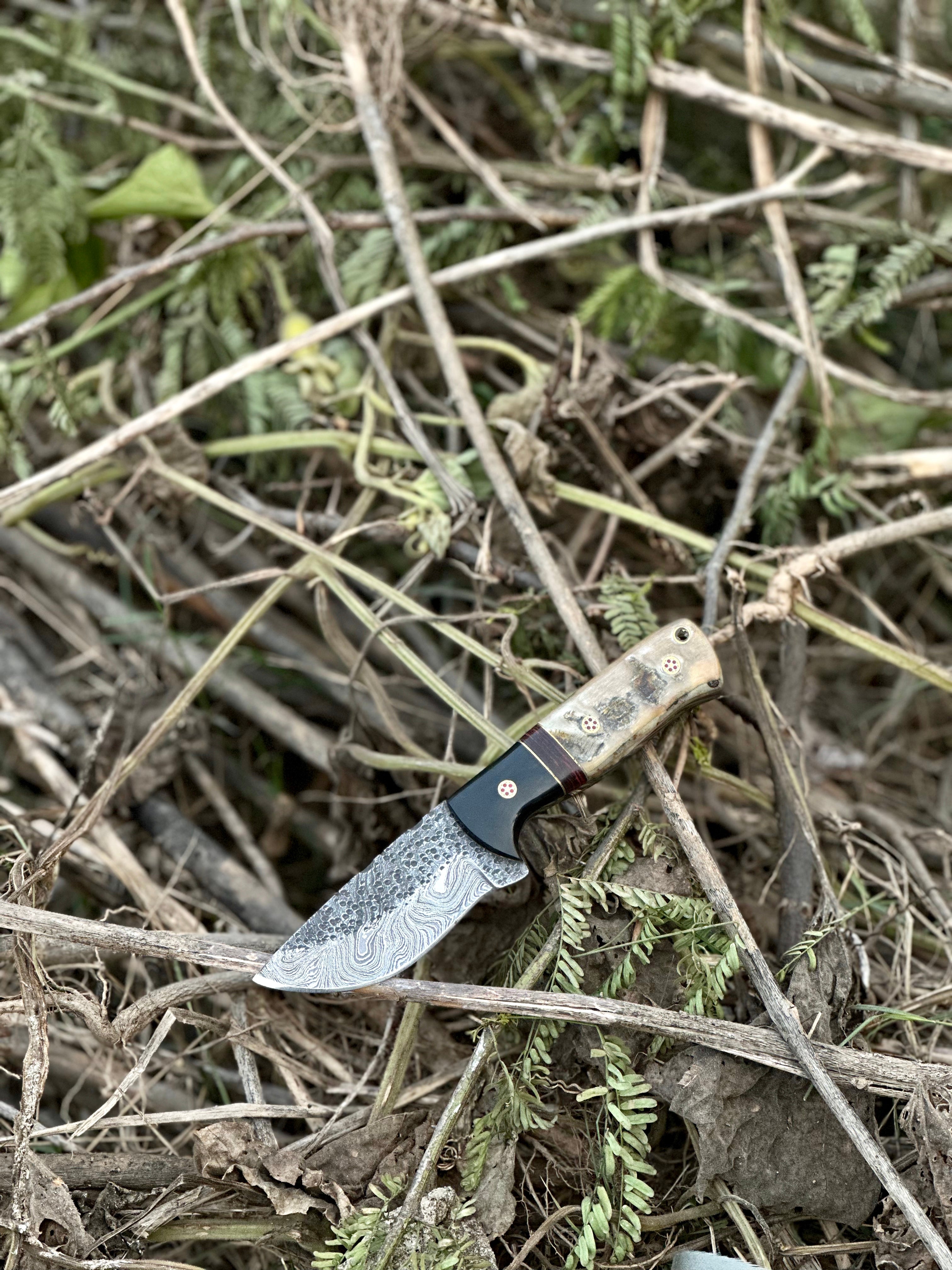 Hunting Knives for Sale – 9" Damascus Steel Blade with Sheep Horn/Resin Handle & Leather Sheath