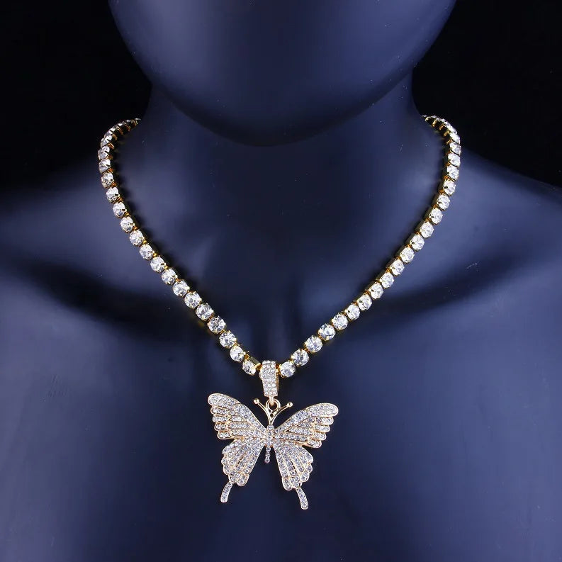 2021 Men and Women Best Gift Hip Hop Style Gold Plated Bling Bling Rhinestone Cuban Link Tennis Chain Butterfly Necklace