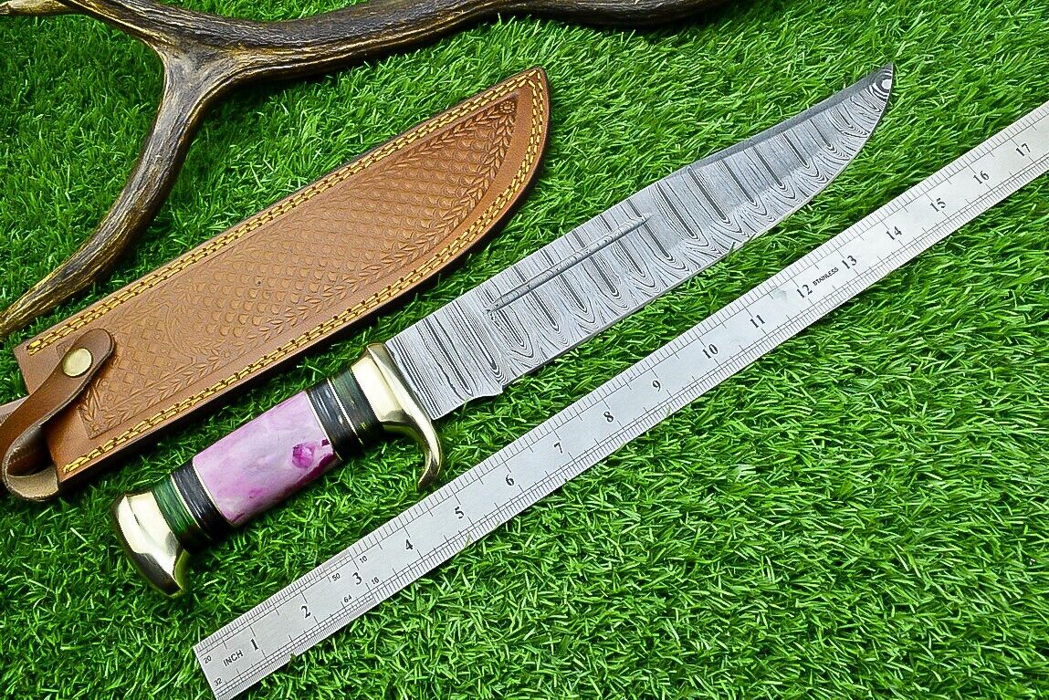 Damascus Steel "The Bowie" Knife - 16" with Brass Guard and Resin Pakkawood Handle, Leather Sheath Included
