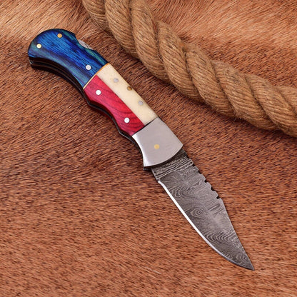 Exclusive Texas Flag Damascus Steel Pocket Knife – 3" Blade with Leather Sheath | Perfect Gift for Collectors