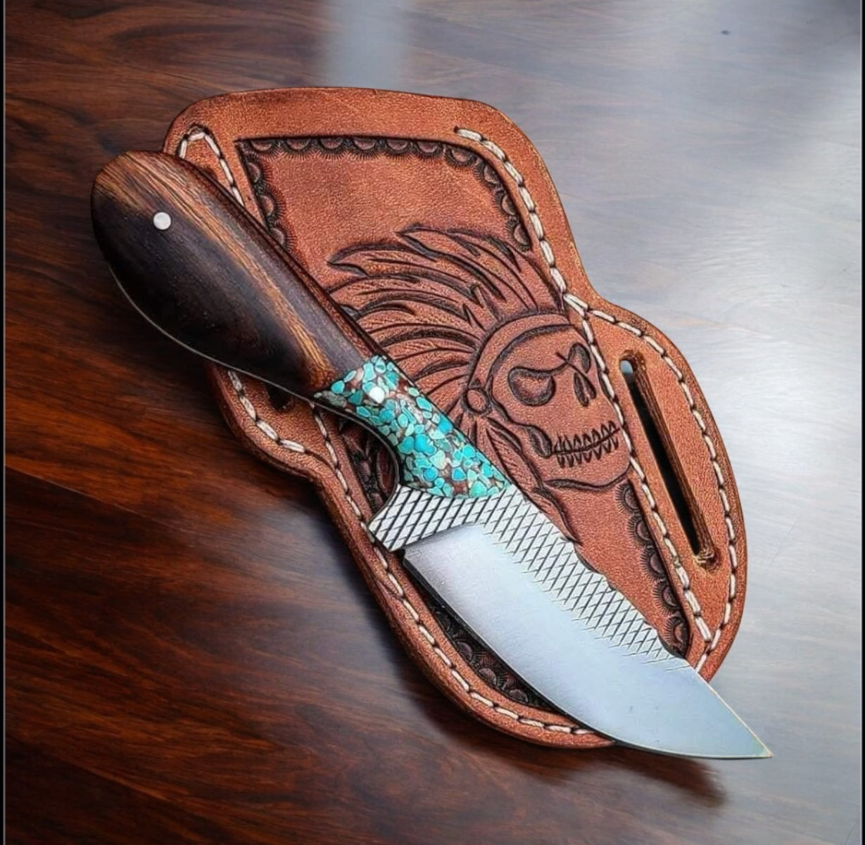 Handcrafted Belt Knives – 8" Rasp Steel Blade with Turquoise & Rosewood Handle