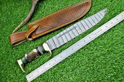 Custom Handmade Damascus Steel Bowie Knife with Stag Horn Handle – 16" Blade with Leather Sheath