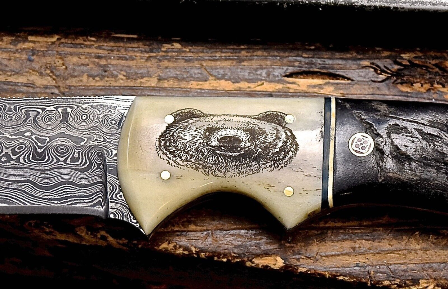 Handmade Damascus Skinning Knife with Camel Bone & Sheep Horn Handle