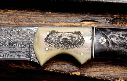 Handmade Damascus Skinning Knife with Camel Bone & Sheep Horn Handle