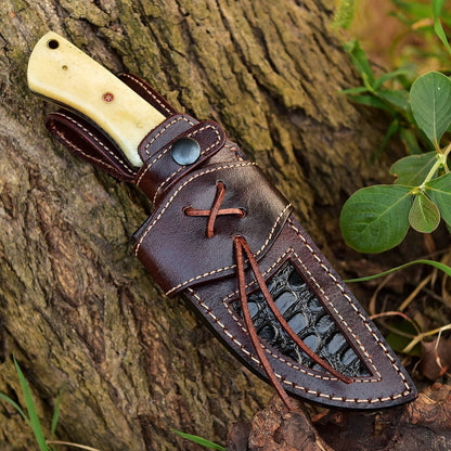 Premium Damascus Steel Skinner Knife – Custom Handmade with Camel Bone Handle