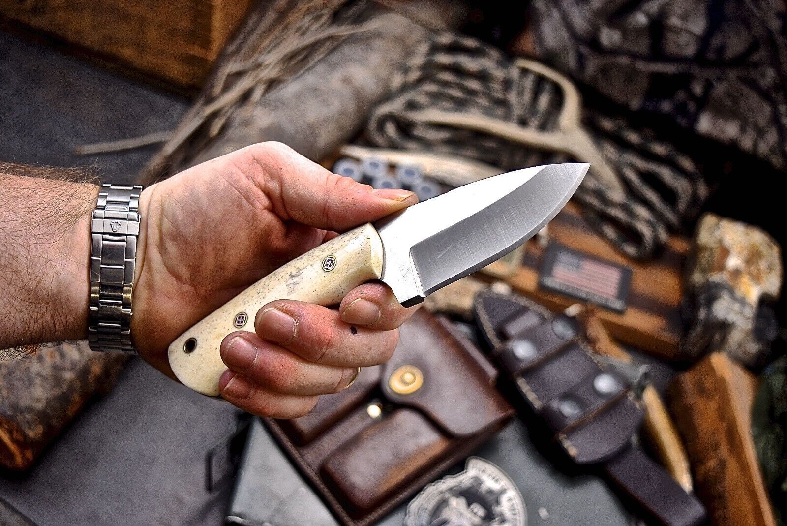 Custom Handmade J2 Steel Skinning Knife – 4.5" Blade, Engraved Camel Bone Handle