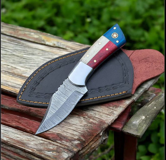 Custom Handmade Texas Flag Damascus Steel Hunting Knife with Exotic Wood-Bone Handle