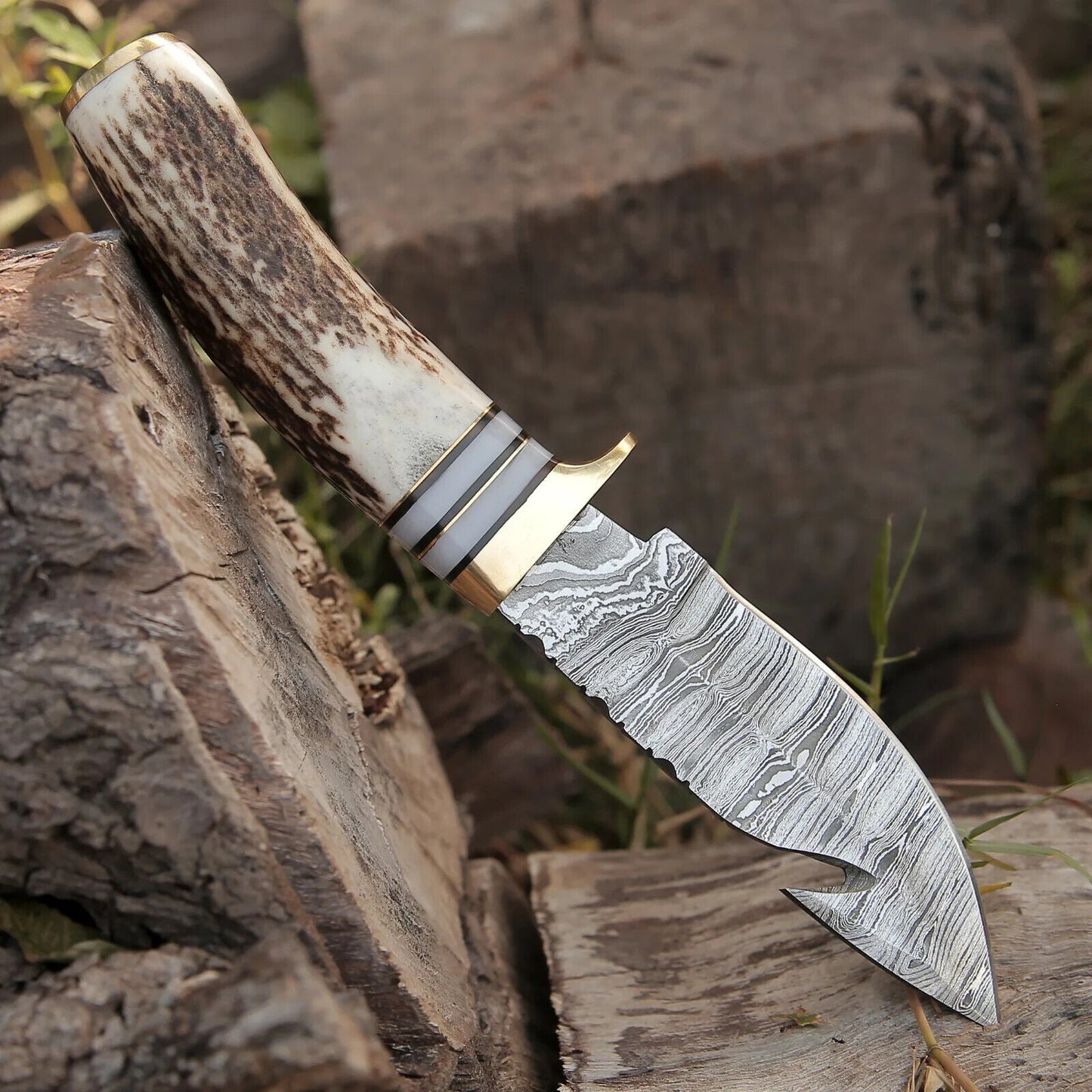 Custom Handmade Damascus Steel Guthook Skinning Knife – 9" Stag Horn Handle with Brass Guard & Leather Sheath