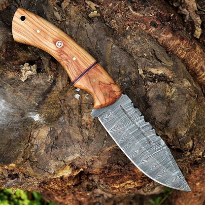 Custom Handmade 10" Damascus Steel Hunting Knife with Olive Wood Handle & Leather Sheath