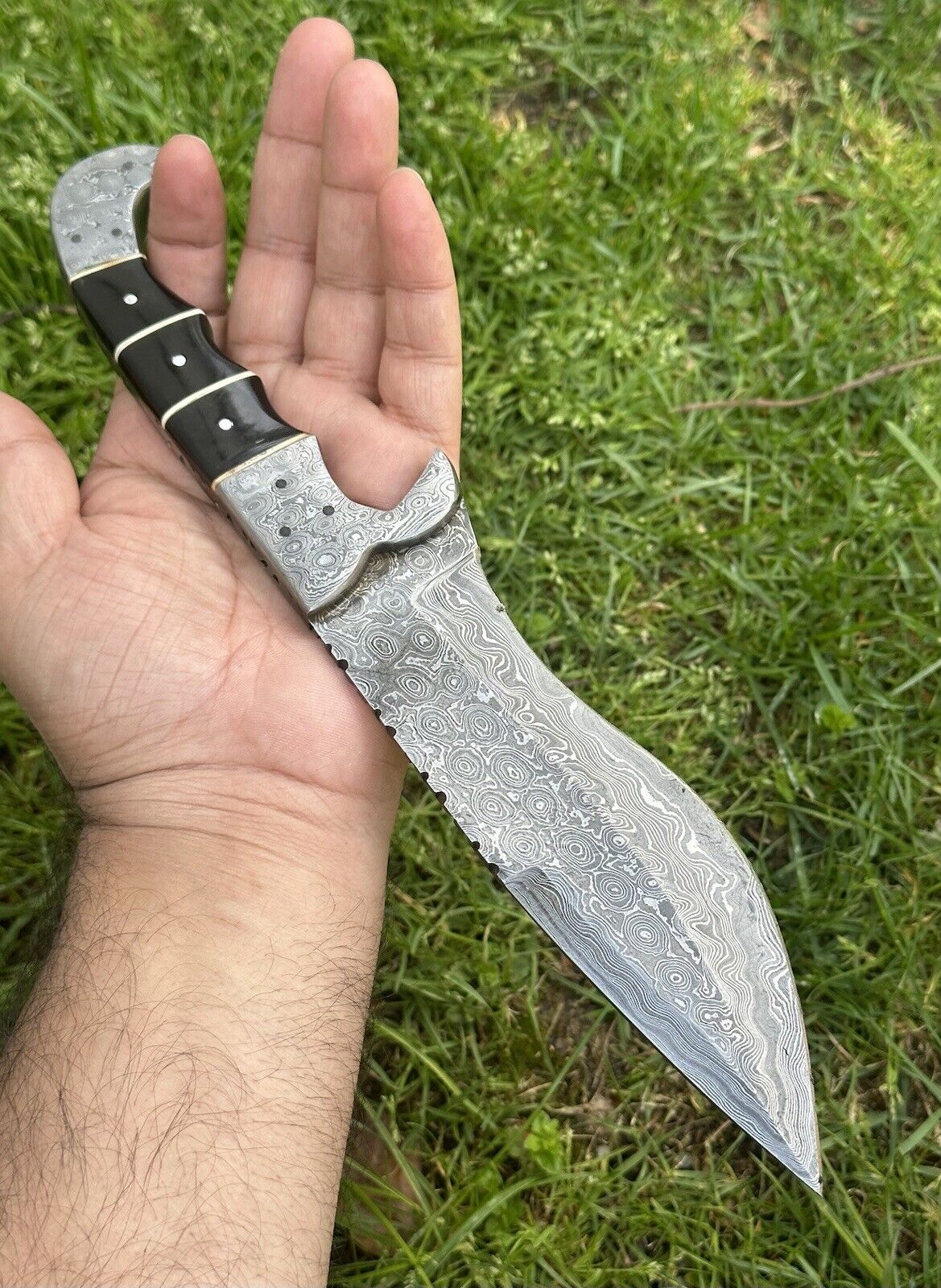 Custom Handmade 12" Damascus Steel Hunting Knife with Buffalo Horn Handle & Damascus Steel Bolster - Includes Leather Sheath