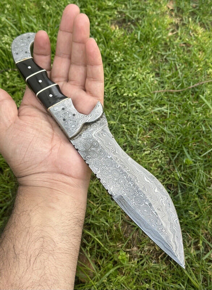 Custom Handmade 12" Damascus Steel Hunting Knife with Buffalo Horn Handle & Damascus Steel Bolster - Includes Leather Sheath