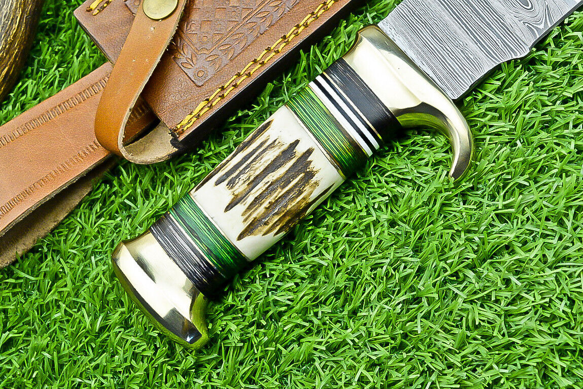 Deluxe Dundee Knife – 16" Handmade Damascus Steel Blade with Brass Guard & Pakkawood or Stag Horn Handle + Leather Sheath