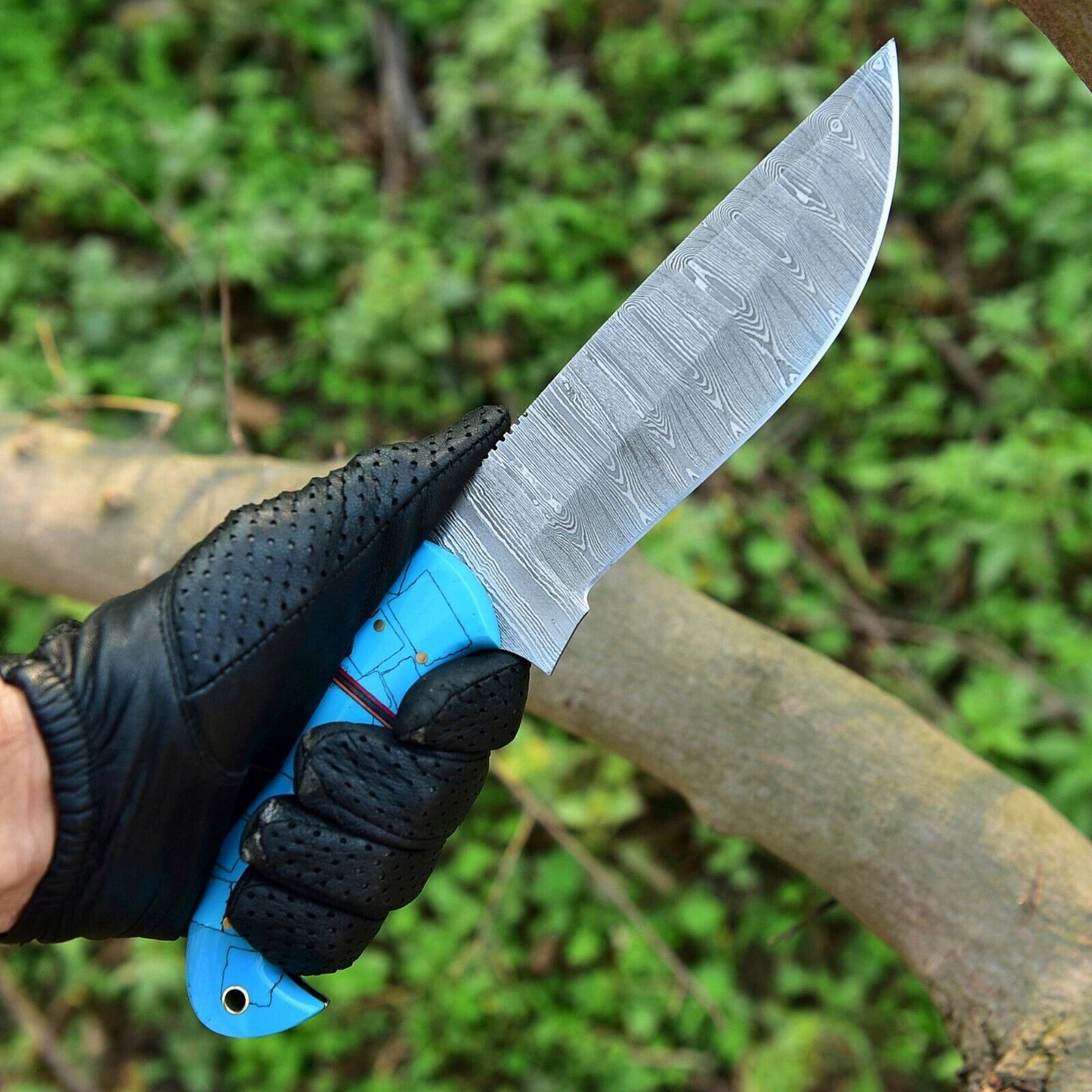 Custom Handmade Damascus Steel Hunting Knife – 10-Inch Blade with Resin Handle, Includes Leather Sheath