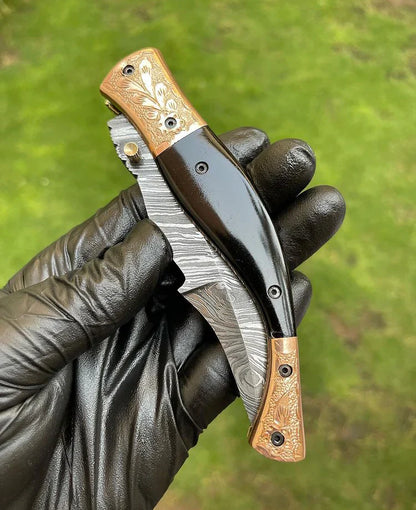Custom Handmade Damascus Blade EDC Folding Pocket Knife with Color Bone Handle & Brass Engraved Bolster - Includes Leather Sheath
