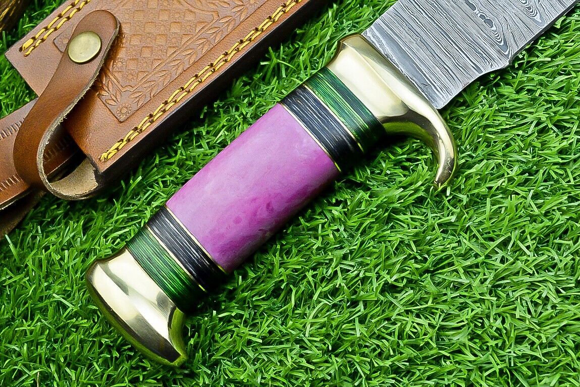 Damascus Steel "The Bowie Knife" - 16" Blade, Brass Guard, Resin Pakkawood Handle, with Leather Sheath