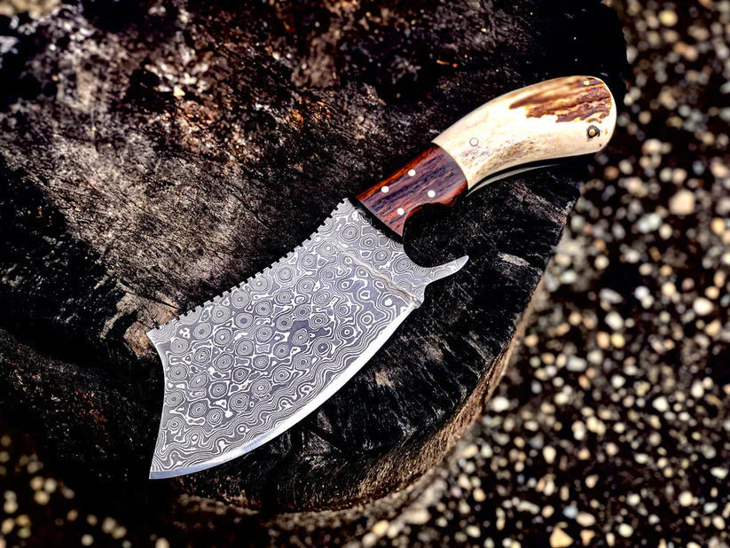 Handmade Damascus Steel Cleaver Knife with Antler Horn Handle & Rosewood Bolster - Includes Leather Sheath