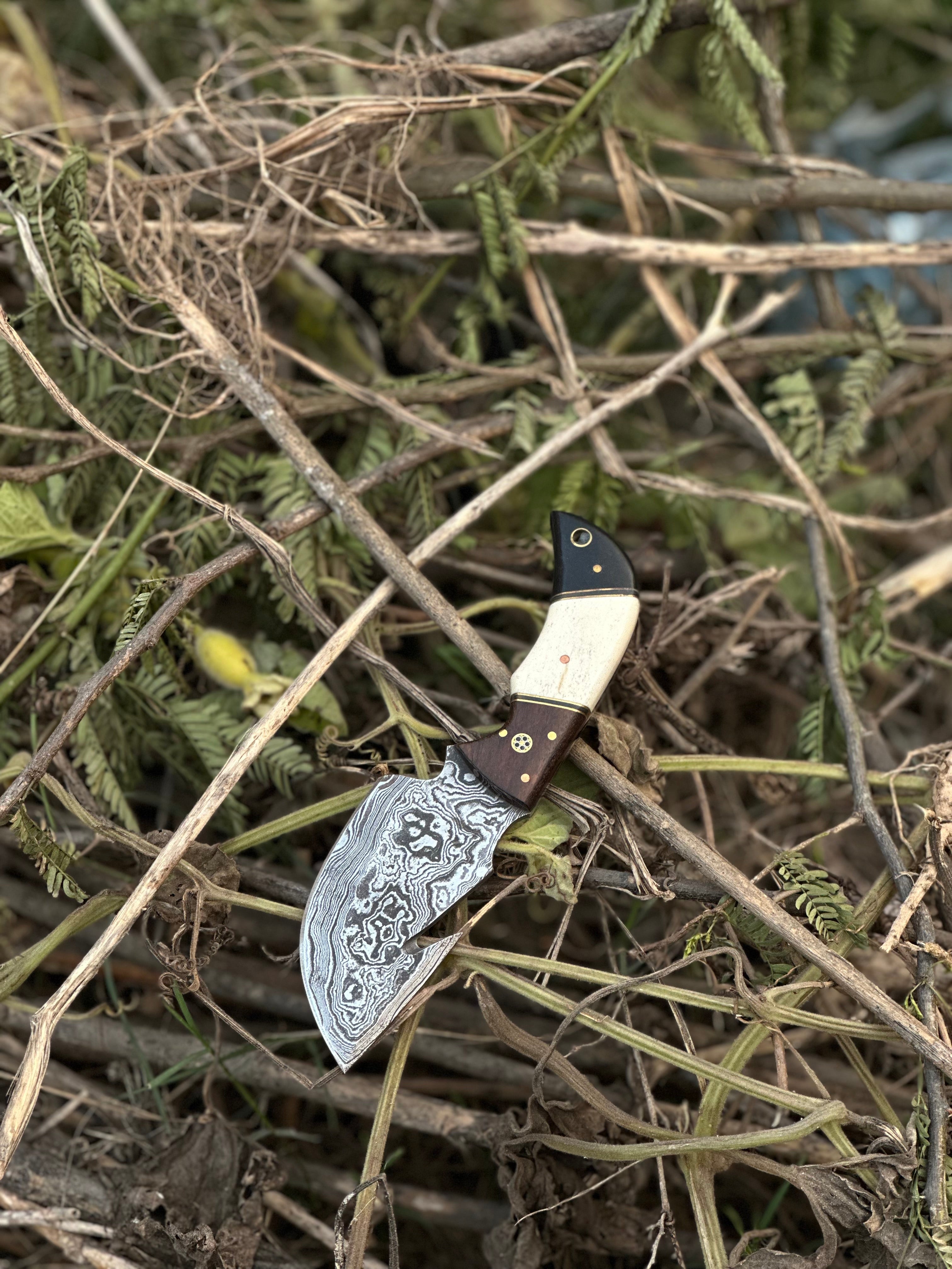 Custom Handmade Damascus Steel Guthook Skinning Knife with Rosewood, Camel Bone & Black Sheet Handle - 7.5” with Leather Sheath