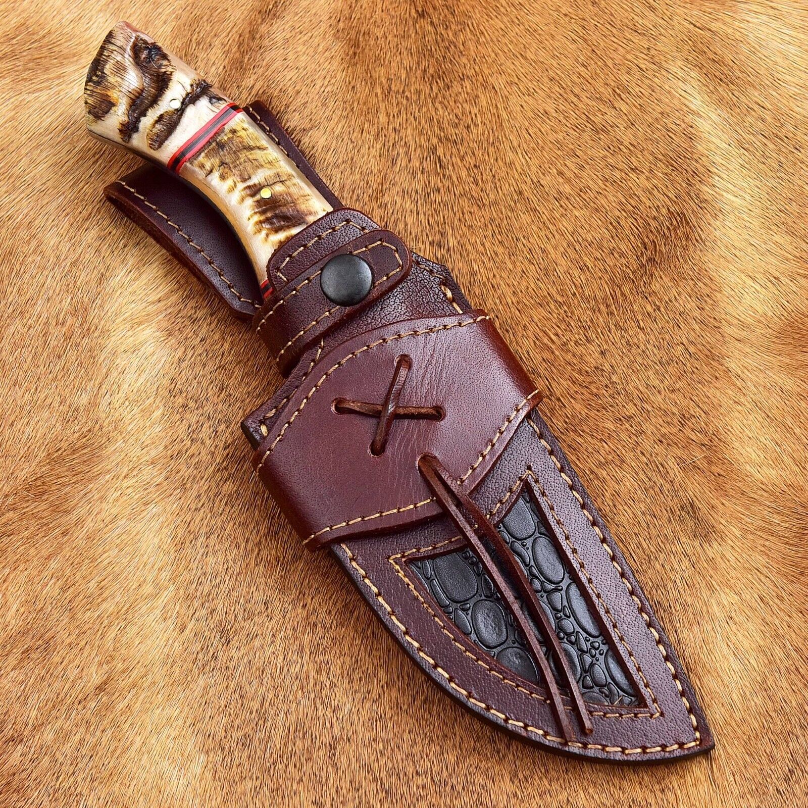 Custom Handmade Damascus Skinning Knife with Sheep Horn Handle – 4.5" Blade