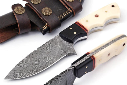 Custom Handmade 4.5" Damascus Steel Skinning Knife – Buffalo Horn and Camel Bone Handle