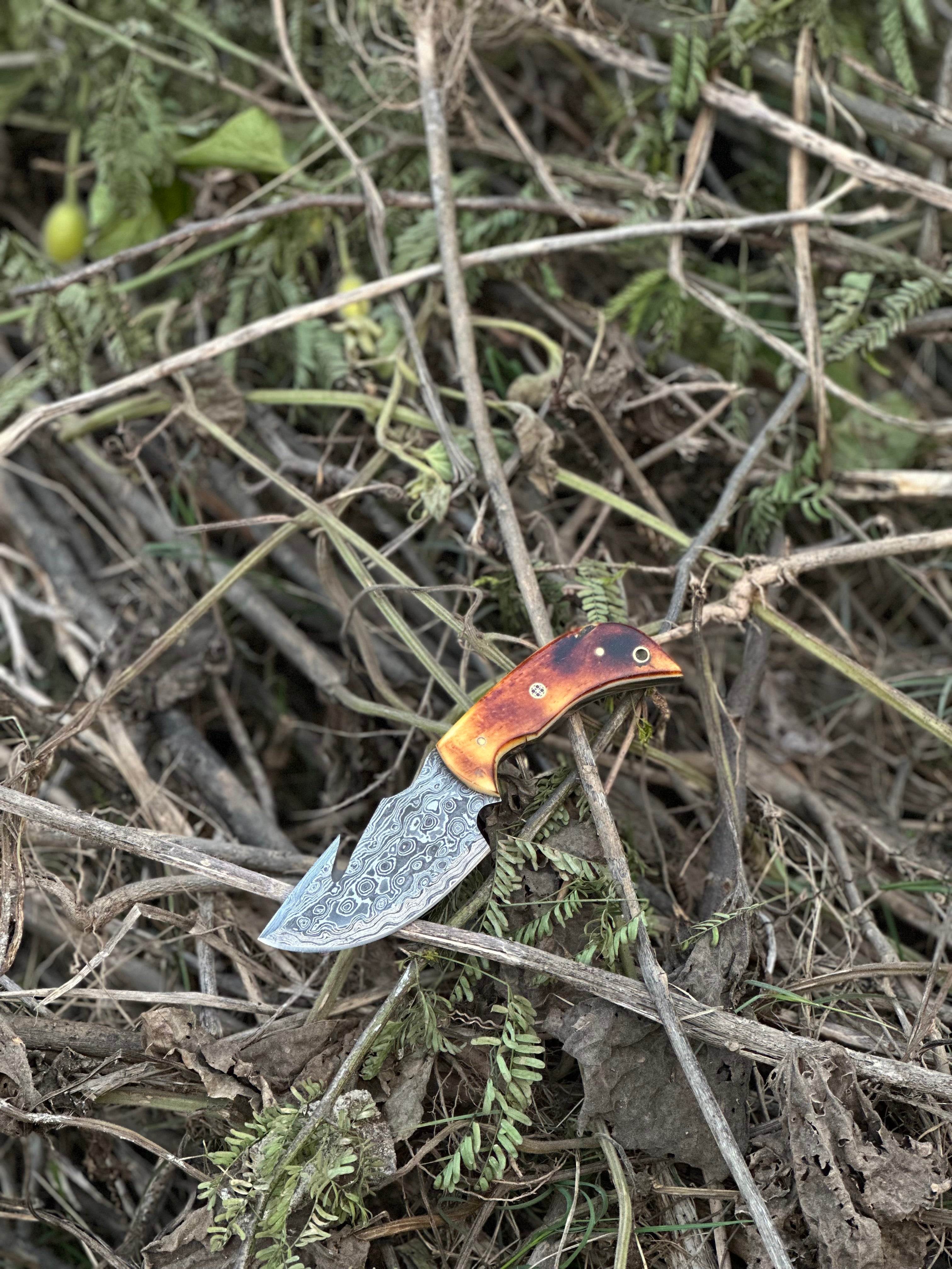 Custom Handmade Damascus Steel Guthook Skinning Knife with Camel Bone Handle - 7.5” Blade with Leather Sheath