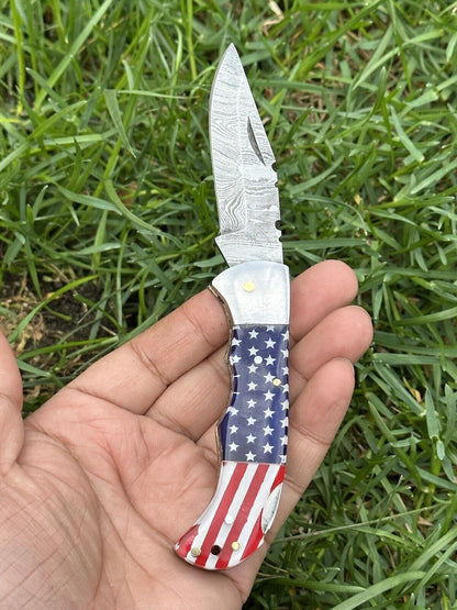 Lone Star 3-Inch Damascus Pocket Knife – Custom Handmade with Bone Handle