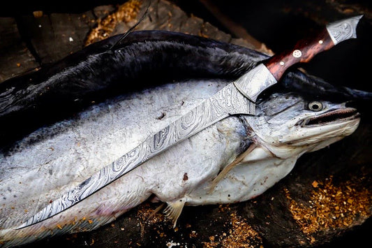 Handmade Damascus Steel Fish Fillet Knife – 13” Rosewood Handle & Leather Sheath