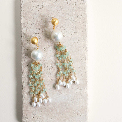 Pearl & London Blue Quartz Tassel Earrings