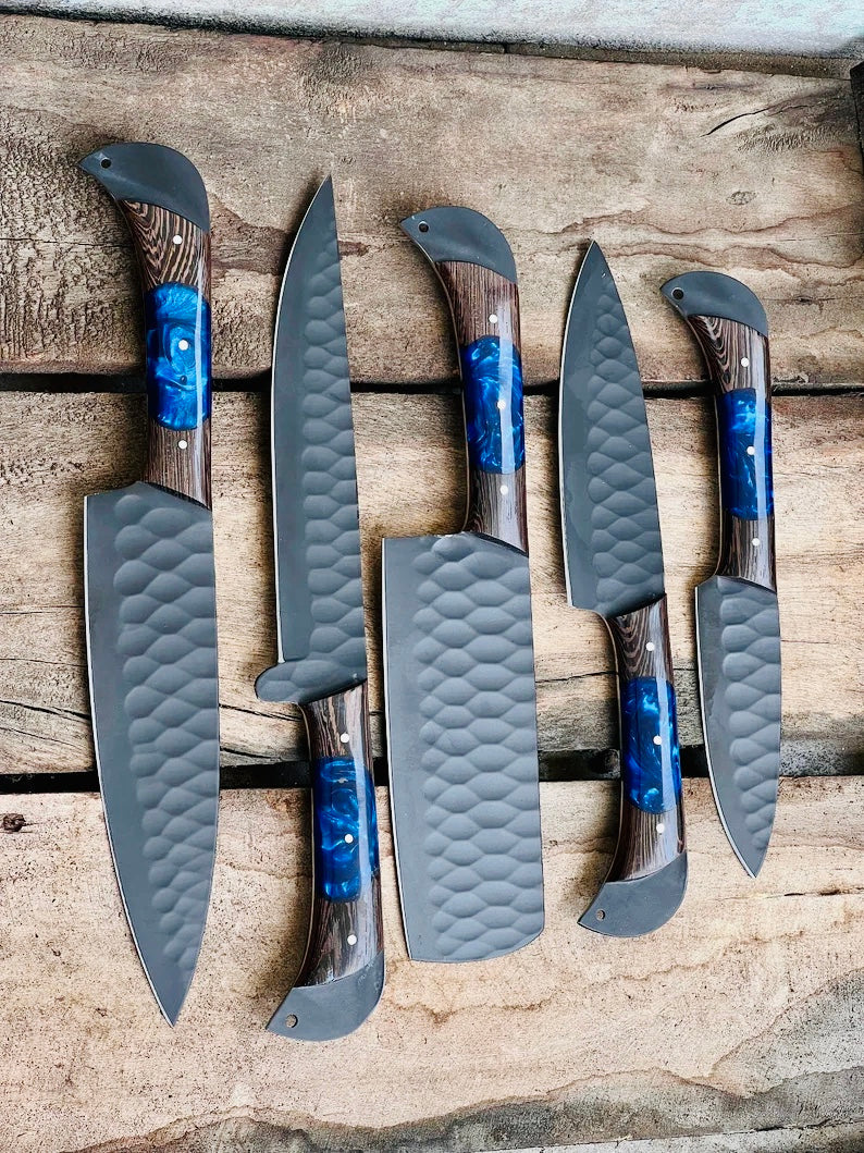 Knife Set for Sale – 13" Forged Damascus Steel Chef Knife with Wenge Wood Resin Handle & Leather Sheath