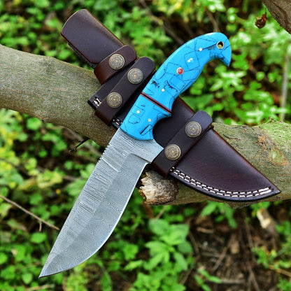 Custom Handmade Damascus Steel Hunting Knife – 10-Inch Blade with Resin Handle, Includes Leather Sheath