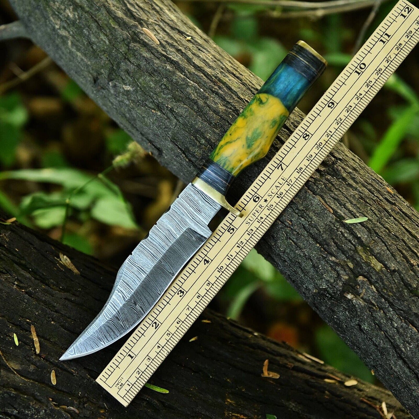 Handcrafted 10" Damascus Steel Hunting Knife with Brass Guard & Resin Pakkawood Handle – Includes Leather Sheath