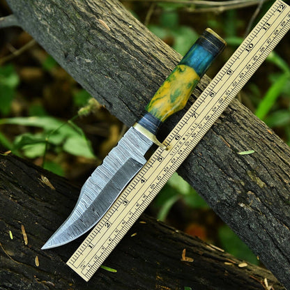 Handcrafted 10" Damascus Steel Hunting Knife with Brass Guard & Resin Pakkawood Handle – Includes Leather Sheath