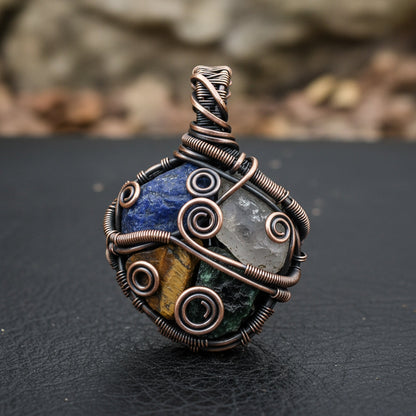 Custom copper wire wrapped multi stone medicine necklace, AIDS and assist in focus and songwriting success