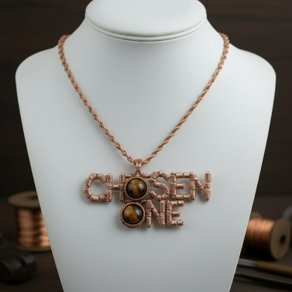 Custom copper wire wrapped chosen one statement necklace with tigers eye crystals￼