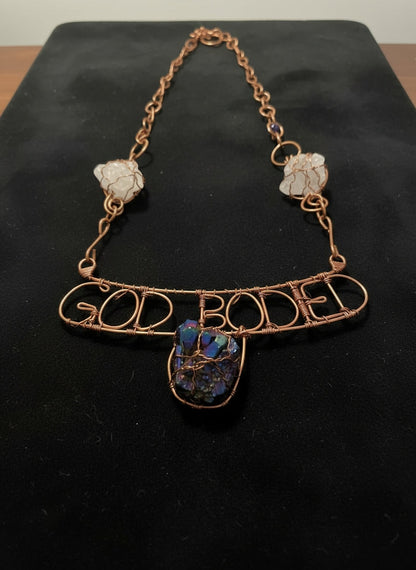 Large statement, crystal and name wire wrapped copper necklace